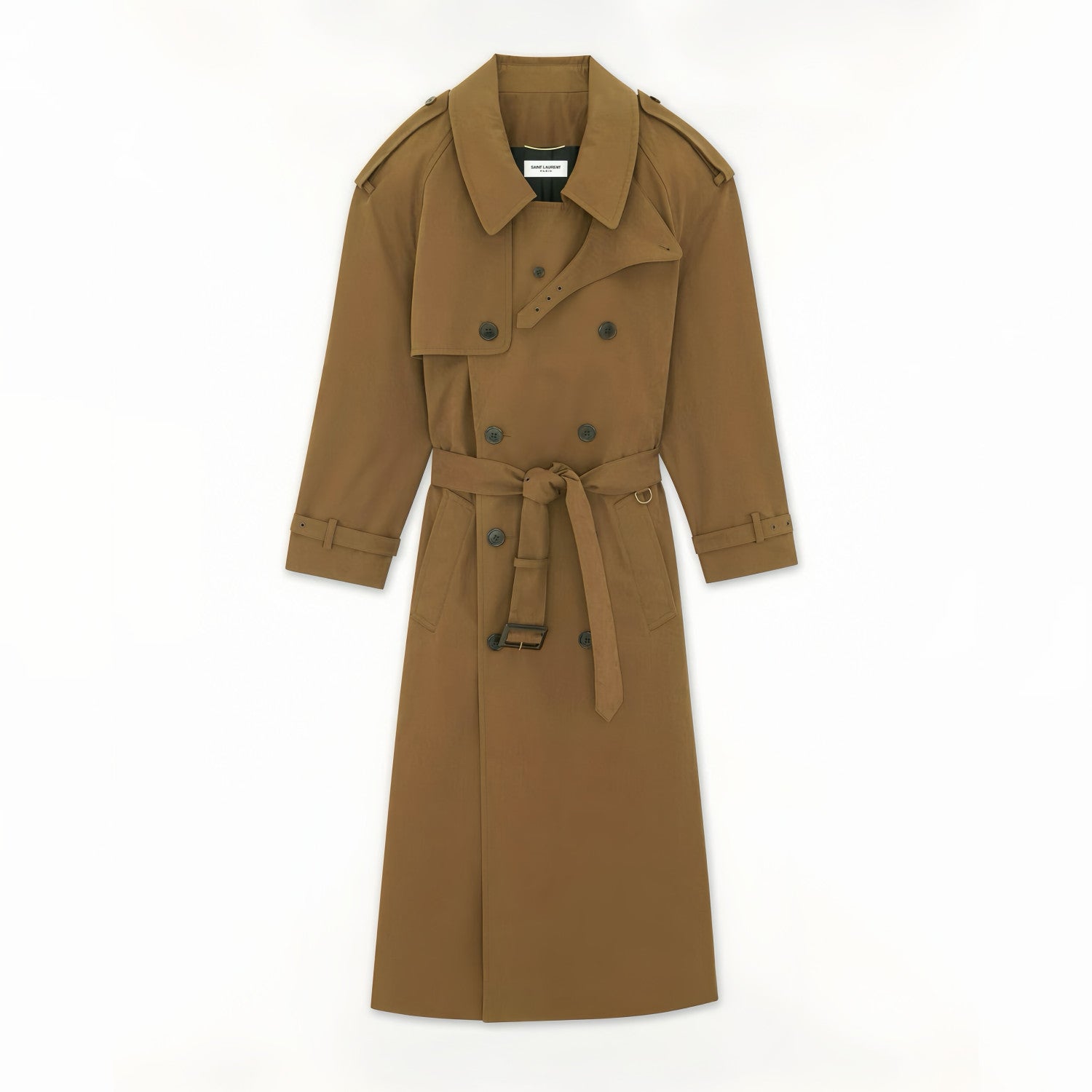 Women's Spring And Autumn Solid Color Belt Double-Breasted Buckle Lapel Medium-Length Cotton Long-Sleeved Windbreaker Jacket Ngvp #7867