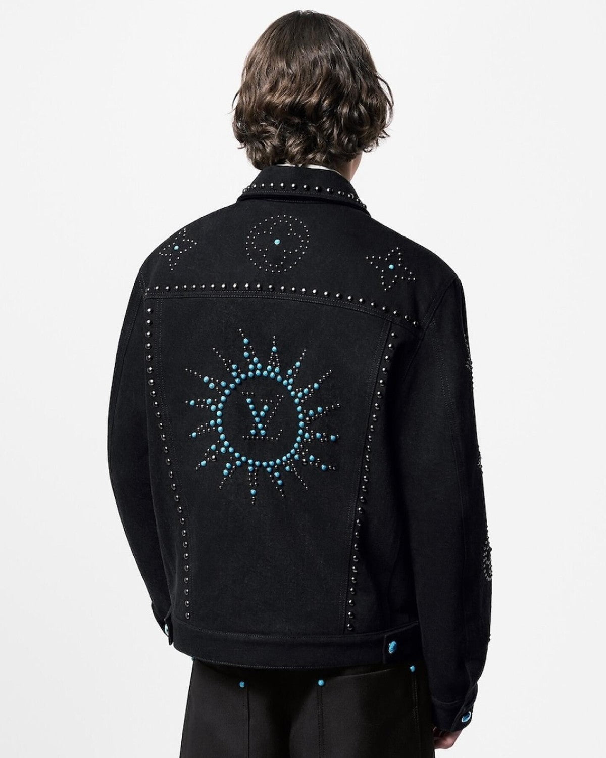 Men's Fall/Winter Black Logo Pattern Embroidery Lapel Long Sleeve Denim Jacket #72824