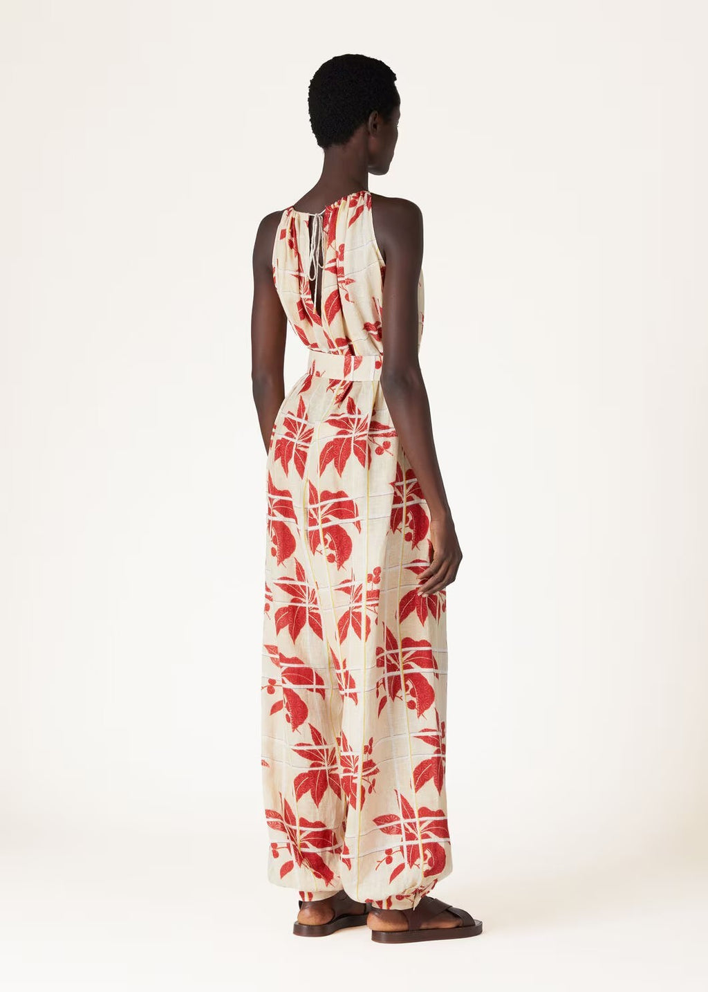 Women's Summer Pattern Printed Solid Color Linen Cristina Lace-up Fitted Jumpsuit Casual Pants Ngvp #8814