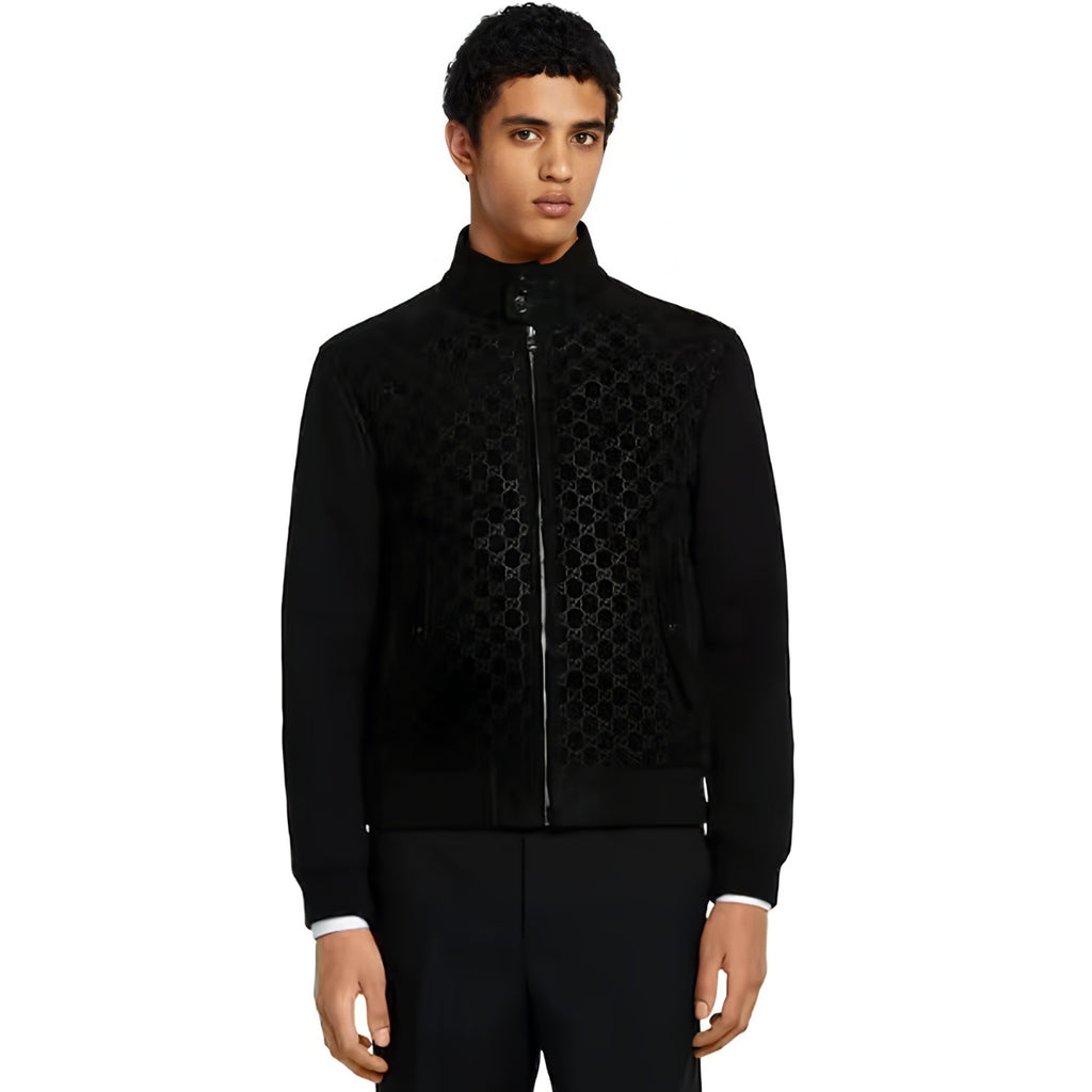 Men's GG Embossed Suede Pilot Jacket Black Fashionable Stand Collar Zipper Jacket #194012