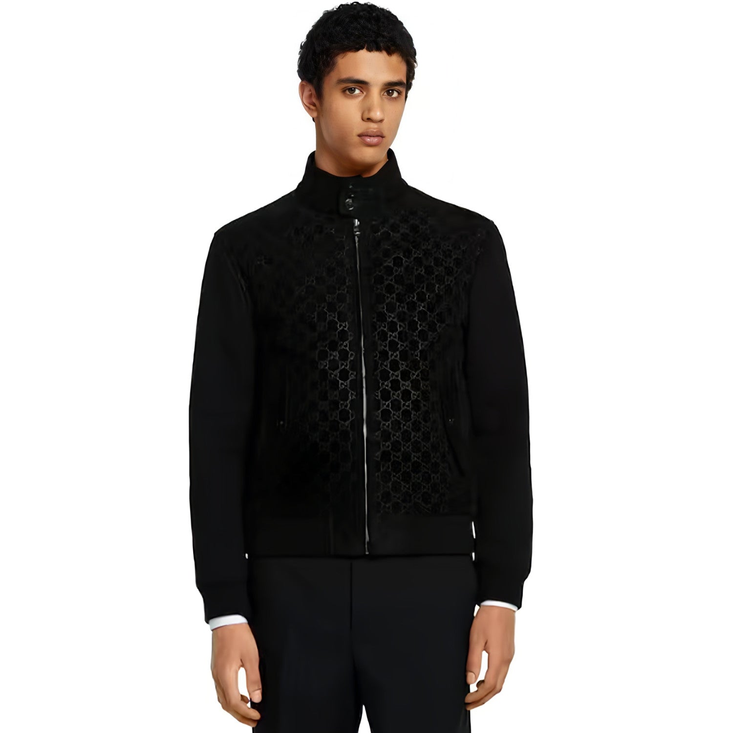 Men's GG Embossed Suede Pilot Jacket Black Fashionable Stand Collar Zipper Jacket #194012