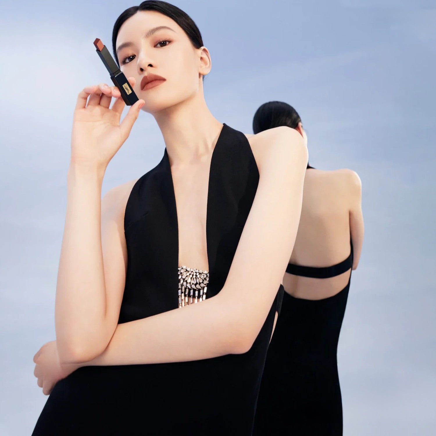 Women's Spring And Summer Black V-neck Long Temperament Luxury Sexy Crystal Decoration Backless Dresses  Ngvp #8795