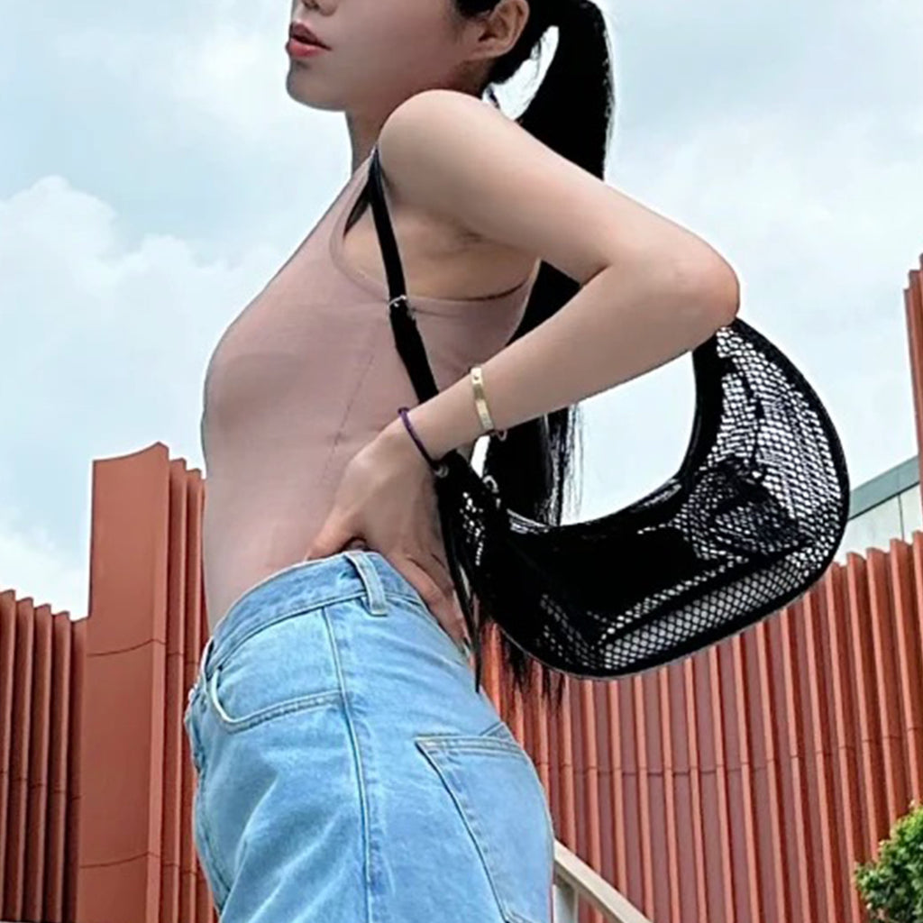 Alaia Women's Black Fishing Net Half Moon Bag Simple Elegant Zipper Underarm Bag Hollow Handbag Removable Patent Leather Inner Bag Shoulder Bags AA1S02731CA266999 Ngvp #9227