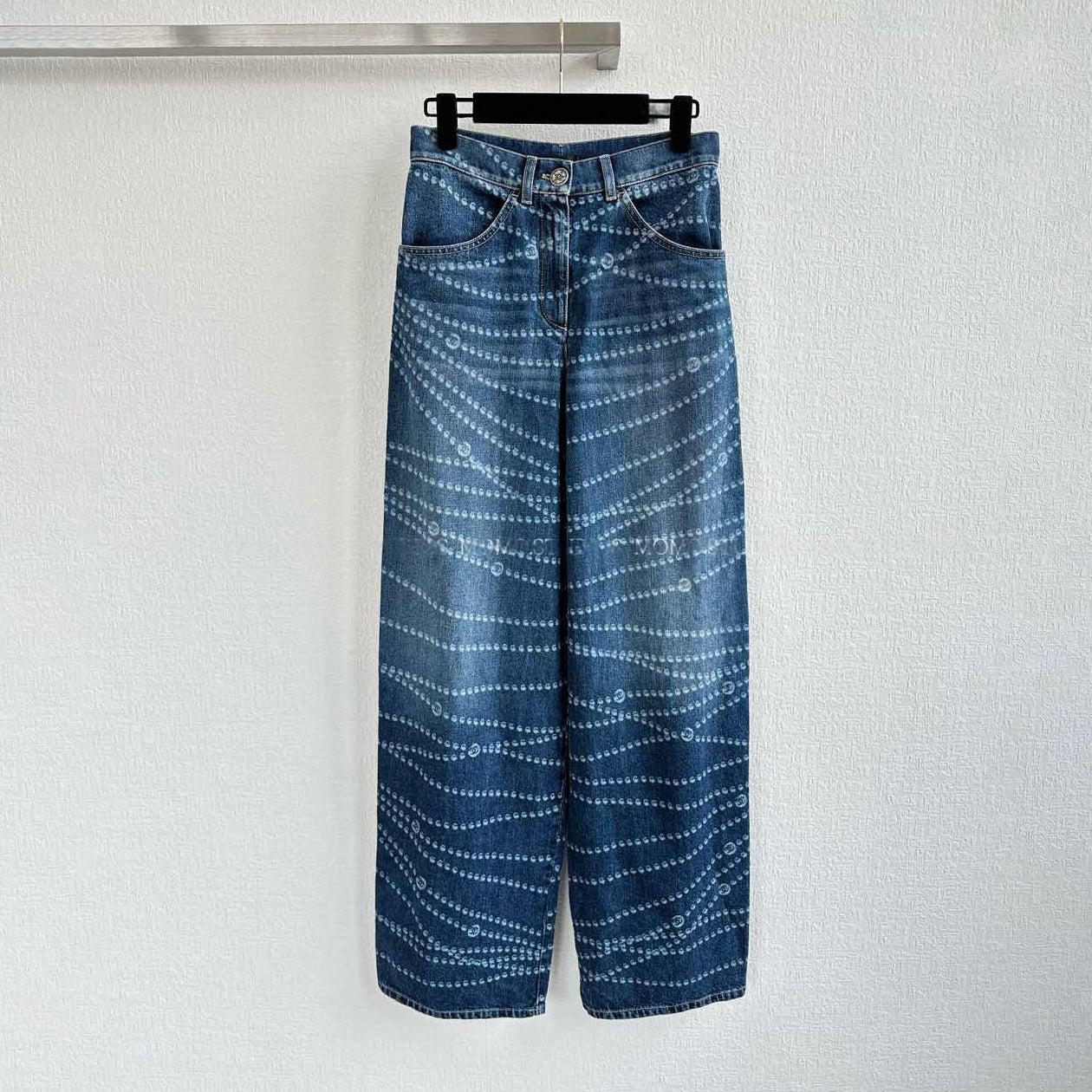 Women's Spring and Autumn Blue Printed Washed Cotton Button Straight Long Jeans Pants #75498
