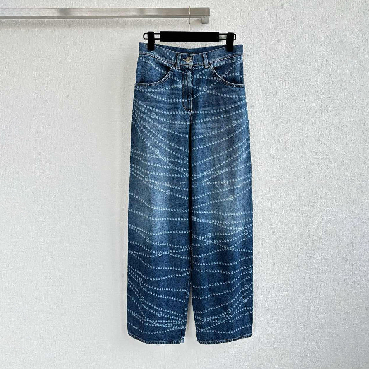 Women's Spring and Autumn Blue Printed Washed Cotton Button Straight Long Jeans Pants #75498