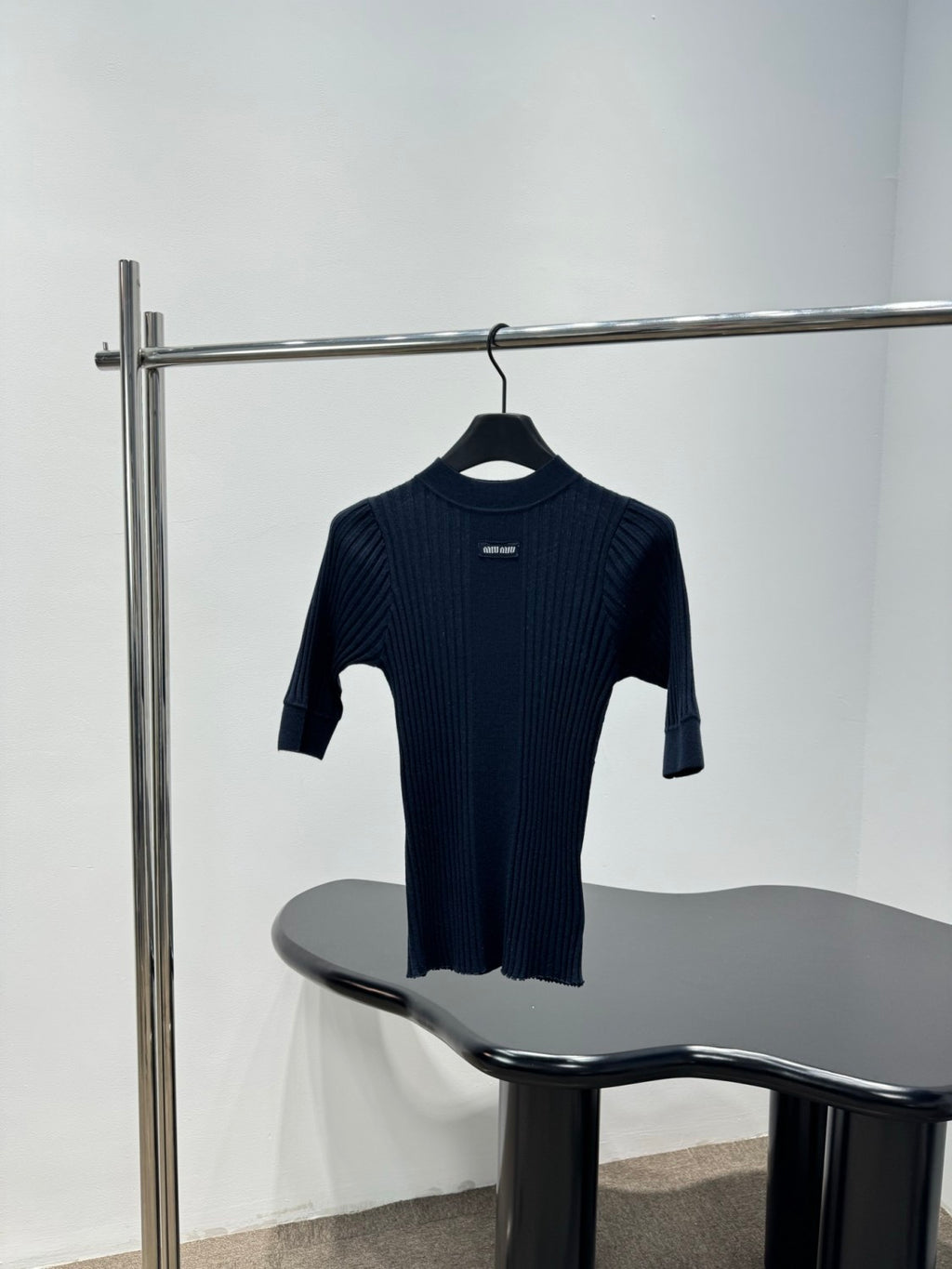 Women's Spring/Summer Ribbed Knit Wool Sweater Black Half-High Neck Short-Sleeve Slim-Fit Knit T-Shirt #194407