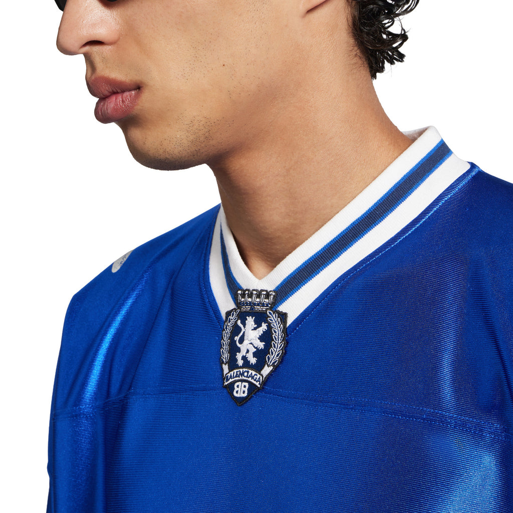 26 Spring 3B FOOTBALL Oversized V-Neck T-Shirt Silver and Bright Blue Fashionable High-Street Trend T-Shirt #82348A