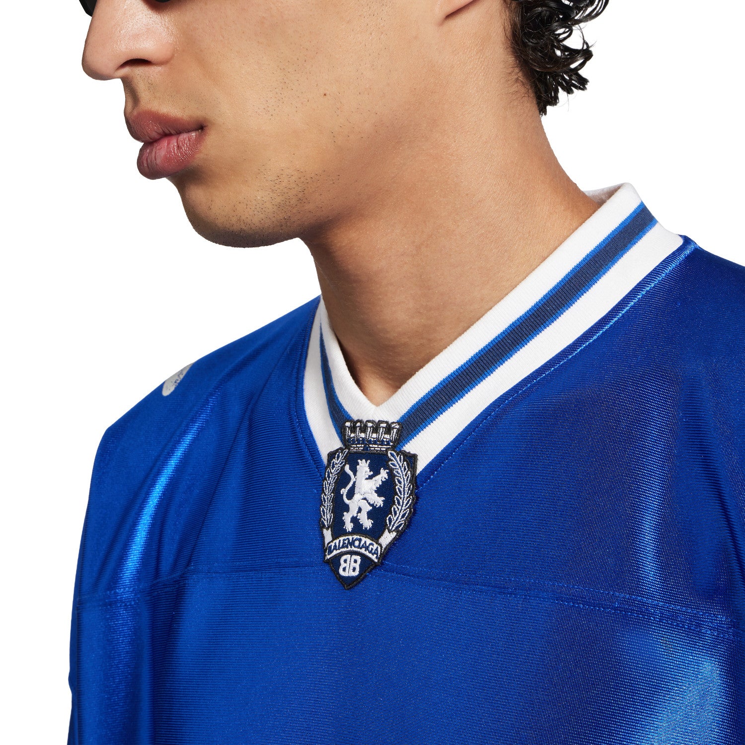 26 Spring 3B FOOTBALL Oversized V-Neck T-Shirt Silver and Bright Blue Fashionable High-Street Trend T-Shirt #82348A