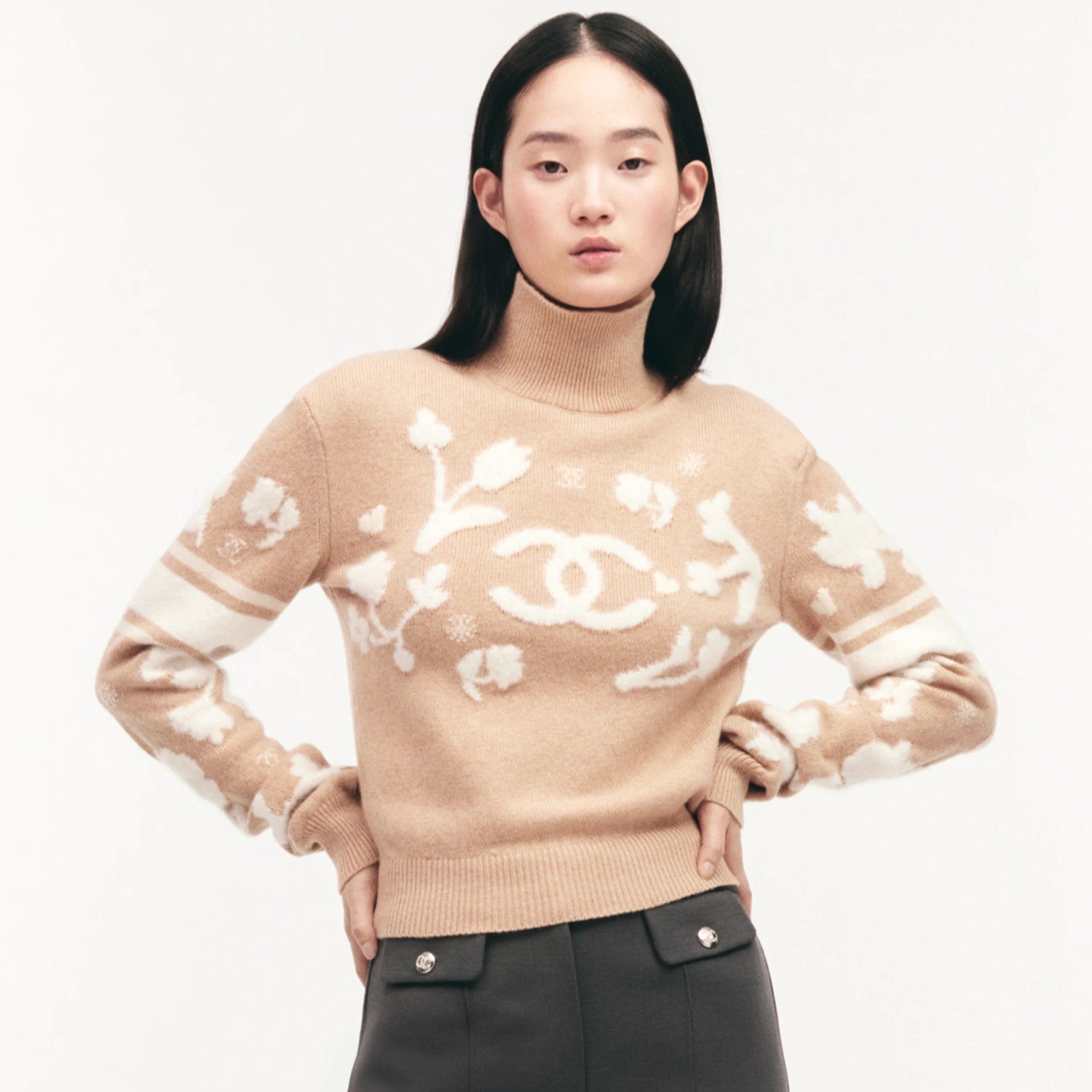 Women's Spring and Autumn Logo Printed High Neck Pullover Drop Shoulder Long Sleeve Cashmere Sweater #74615