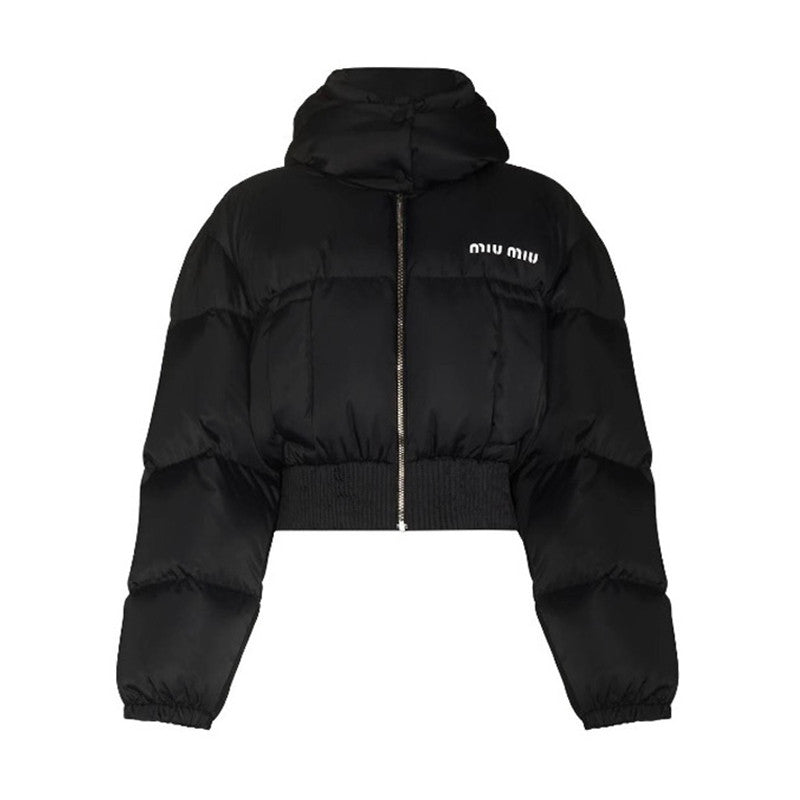 Women's Fall and Winter Black Logo Printed Fluffy Shorts Down Hooded Zipper Long Sleeve Jacket #72333