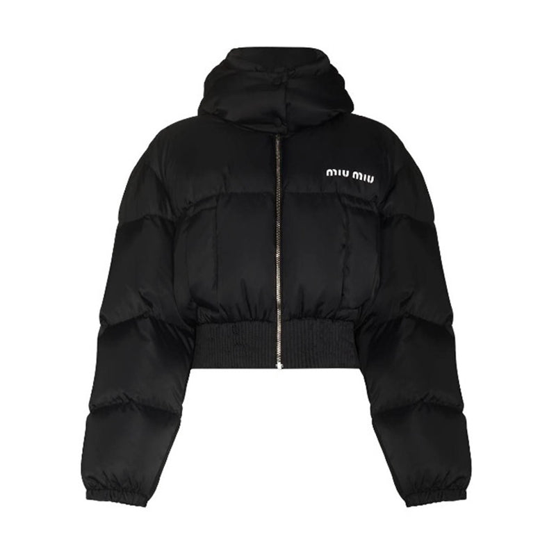 Women's Fall and Winter Black Logo Printed Fluffy Shorts Down Hooded Zipper Long Sleeve Jacket #72333