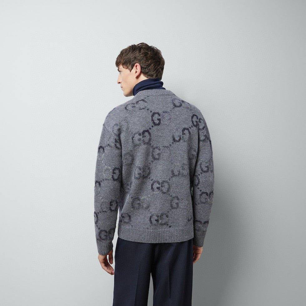 Men's Spring and Autumn Grey Pattern Appliqu¨¦d Single Breasted V-neck long Sleeved Knit Wool Cardigan With GG Intarsia #97794