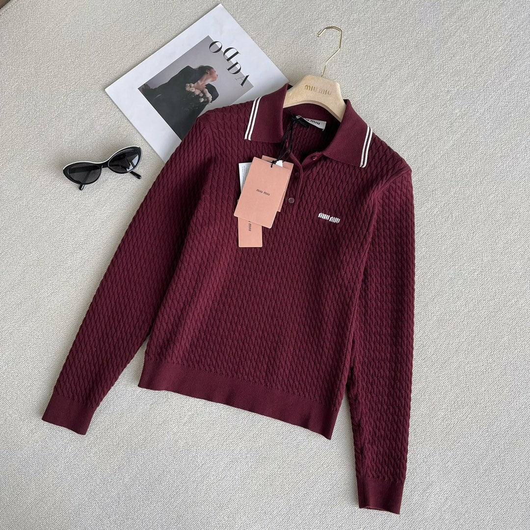 Women's Spring & Autumn Striped Trim Logo Long Sleeve Knit Polo Shirt Knit Shirt #72993