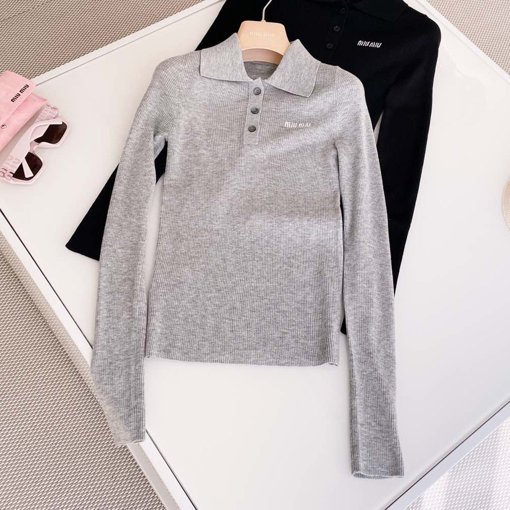 Women's Solid Color Logo Letter Print Casual Cashmere Long Sleeve Polo Shirt Top #72844