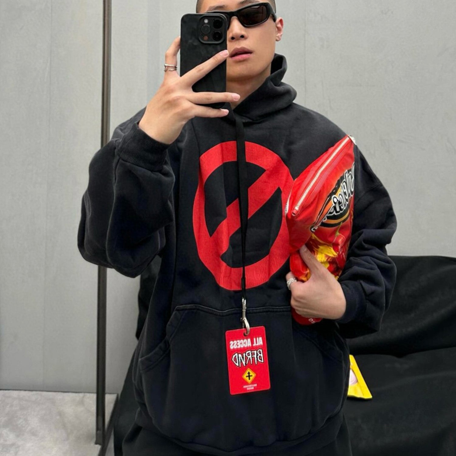 Men's Spring And Autumn Prohibition Sign Black Hooded Long Sleeved Casual High Street Hoodie  Ngvp #8615