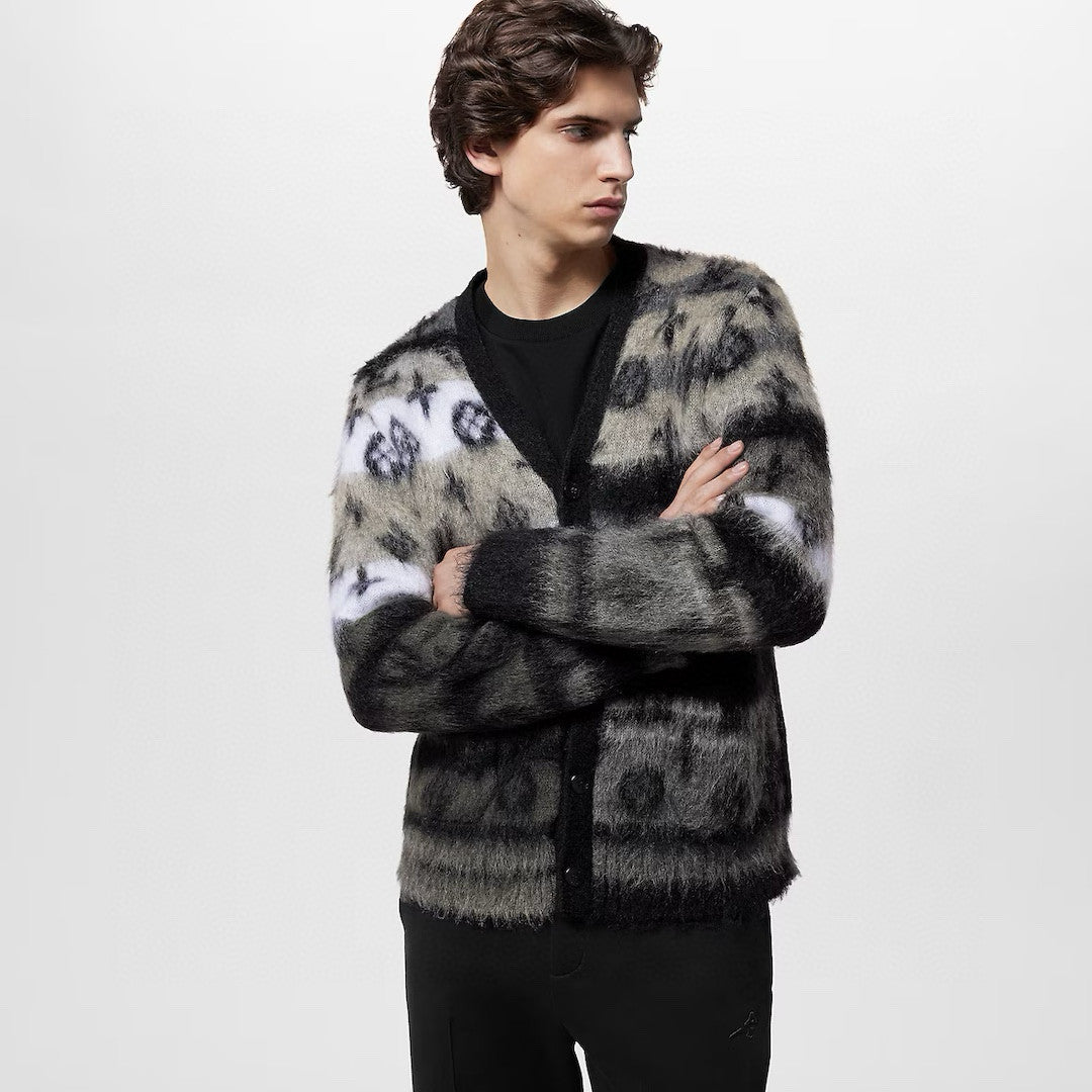 Men's Fall And Winter Black And White Jacquard Long Wool Sweater Cardigan Fashion Trend Single-breasted Long-sleeved Jacket #81626