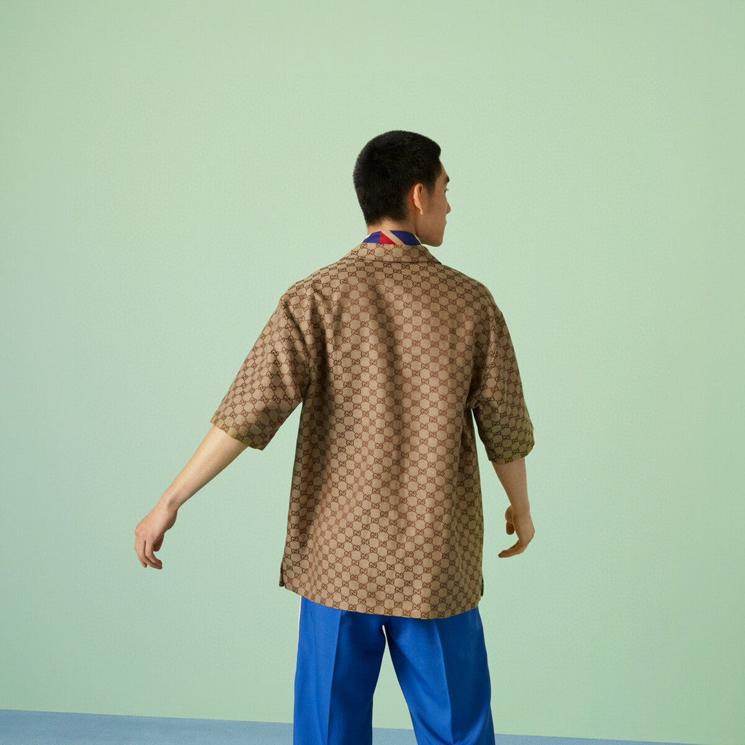 Men's Summer Brown Lapel Single Breasted Logo Printed Short Sleeve Shirt #98679