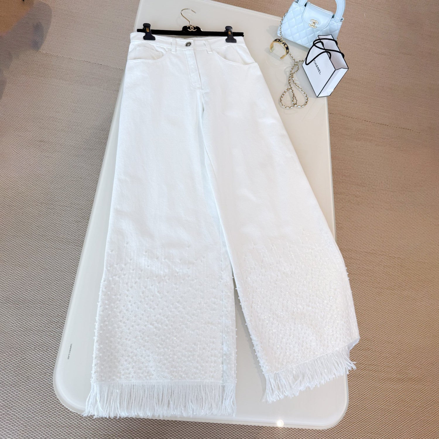 Women's Spring/summer Sequined Fringe Straight-leg Pants Black And White Denim Loose-fit Wide-leg  Long Pants Trousers Ngvp #2169