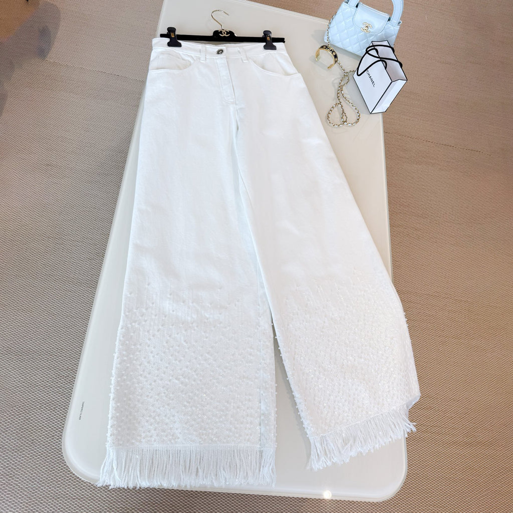 Women's Spring/summer Sequined Fringe Straight-leg Pants Black And White Denim Loose-fit Wide-leg  Long Pants Trousers Ngvp #2169