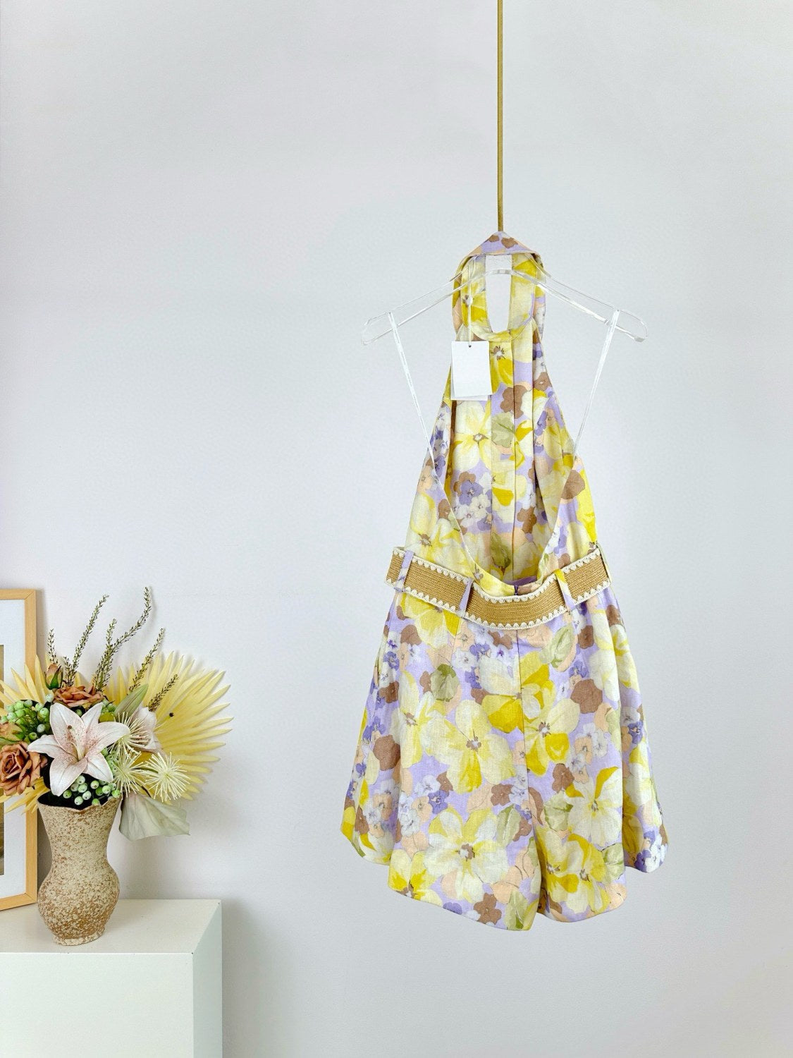 Women's Summer Floral Pattern Printed Cinched Waist Collarless Backless Single Button Sleeveless Jumpsuit #77664