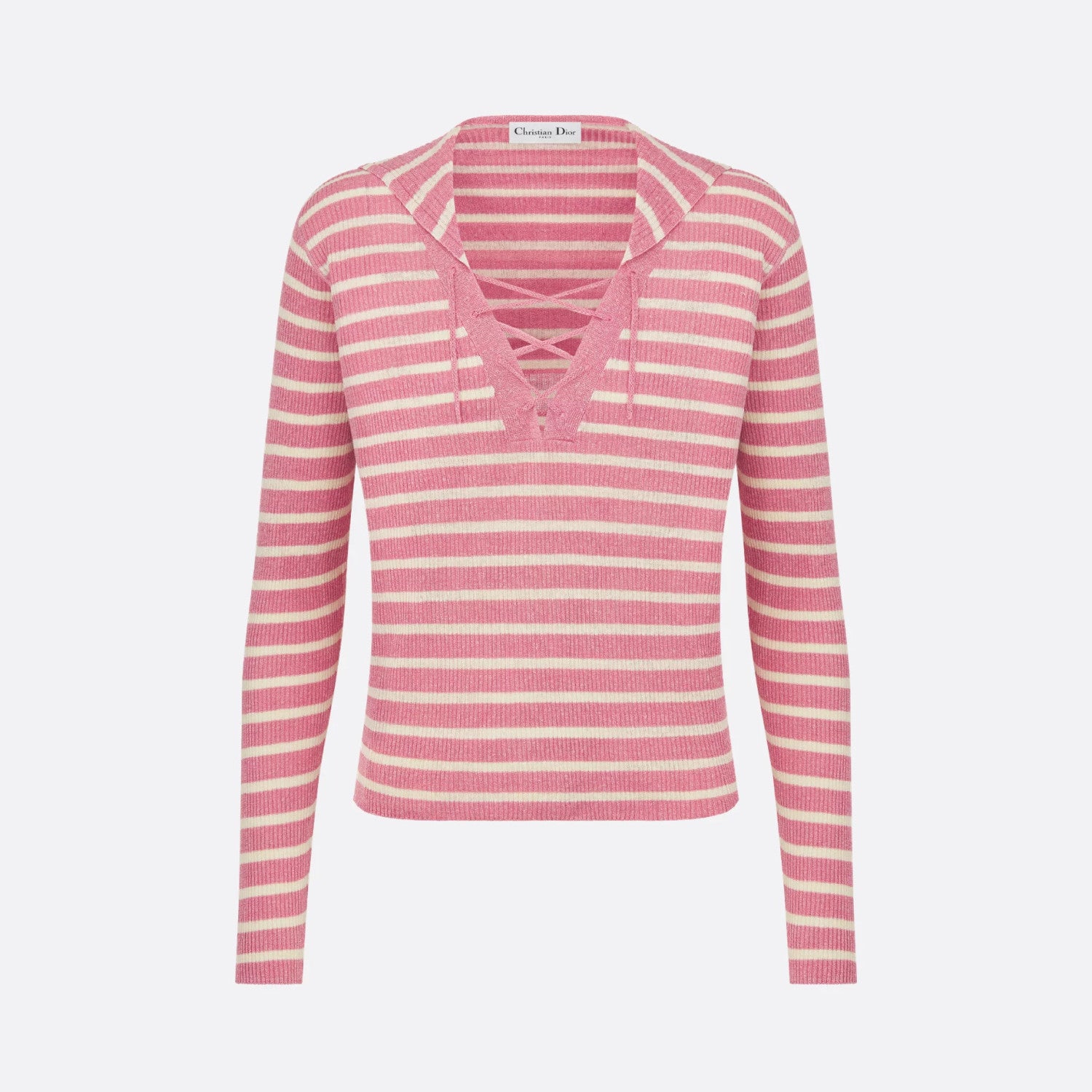 Women's Summer Solid Color Striped Print Tie-Up V-Neck Long Sleeve Stretch Knit Sweater Top #77768