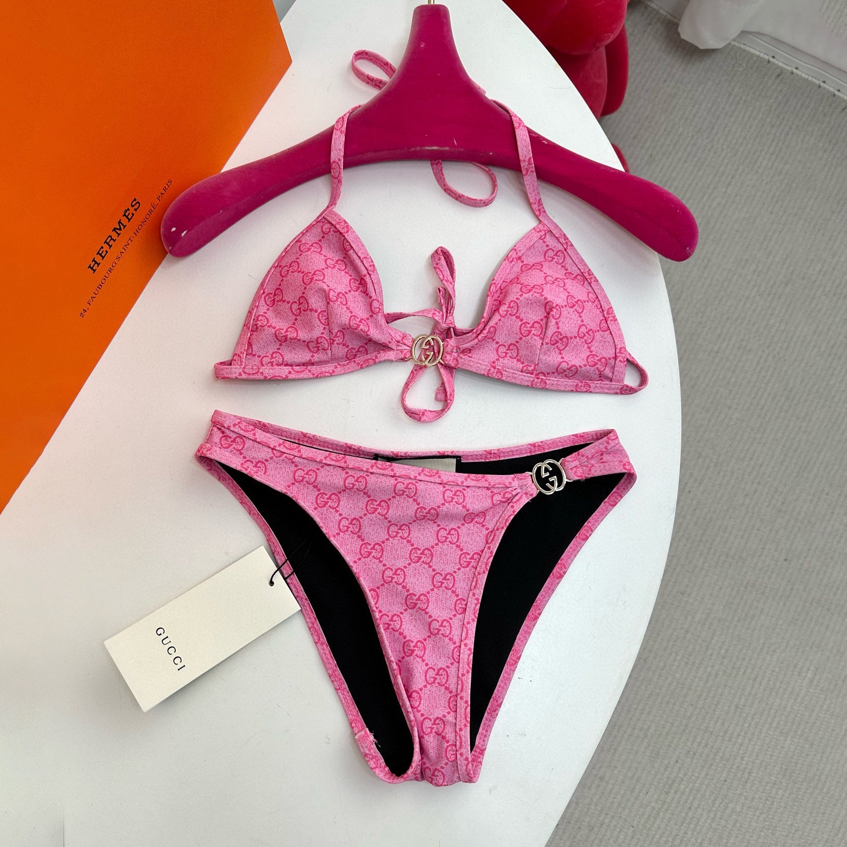 Women's Summer Logo Print Solid Color Stretch Knit Bikini Swimsuit Set Suit #72286