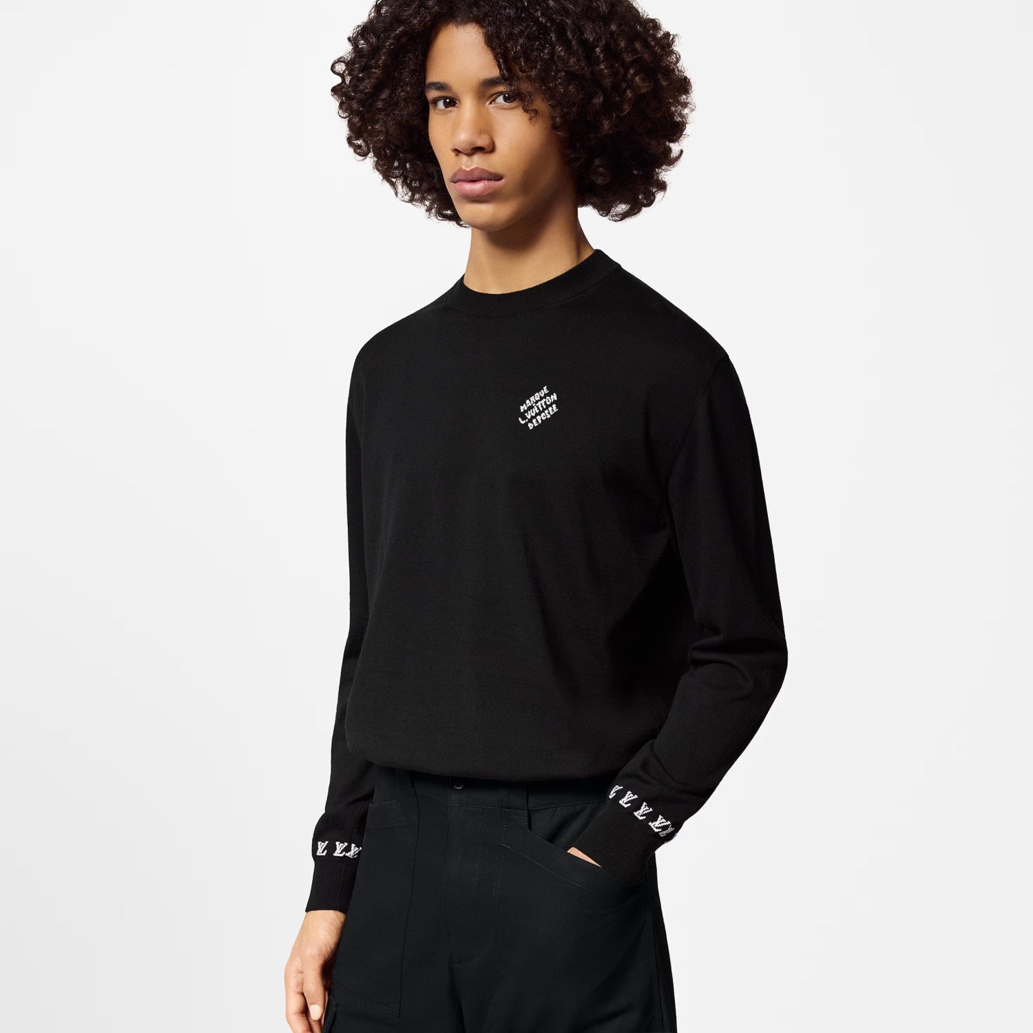 Men's Spring And Fall Logo Printed Crew Neck Black Cotton Long Sleeve Fitted Sweater #71473