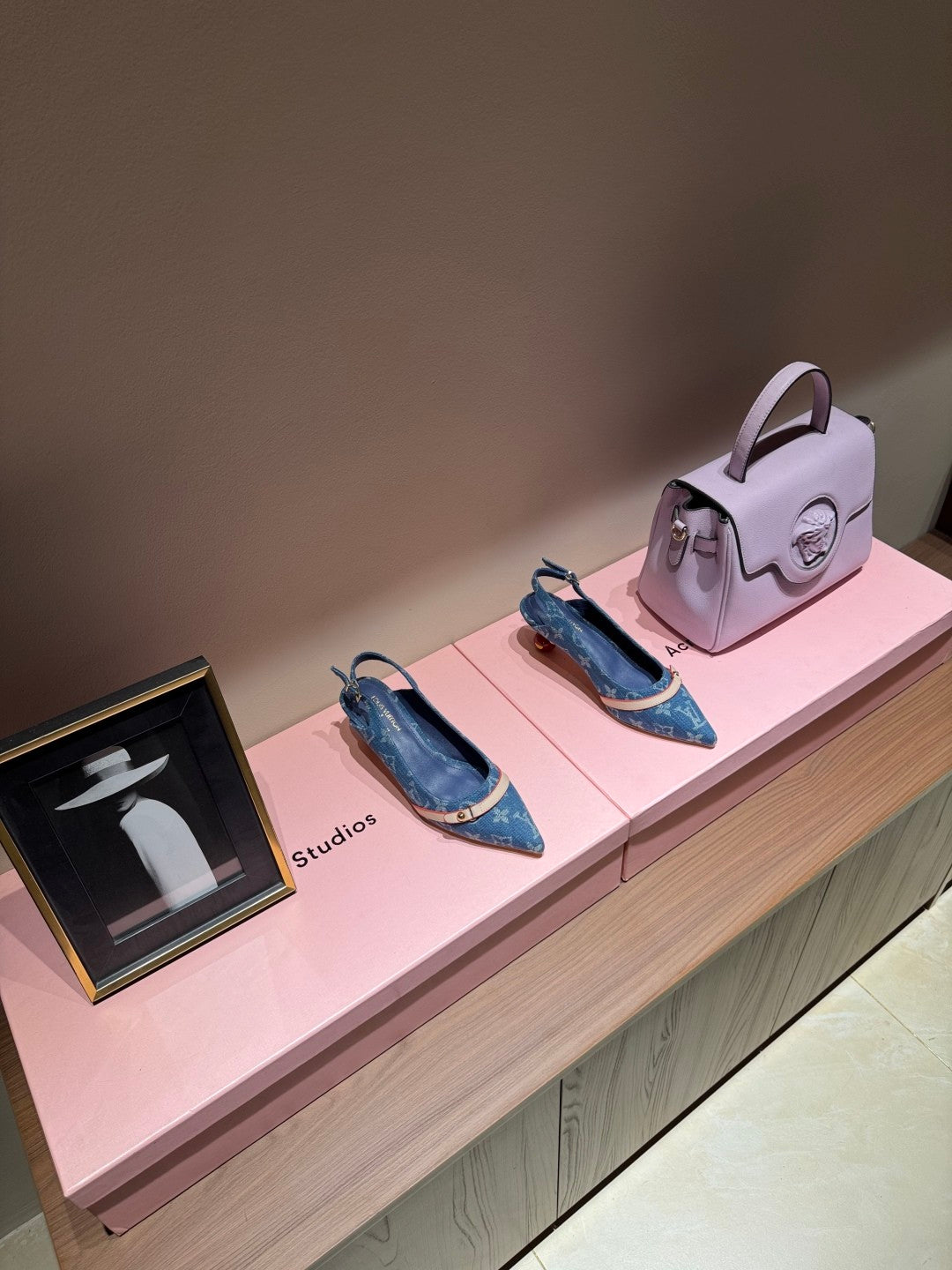 Women's Pointed Denim Print Metal Buckle Fine Heel Cherry Heel Retro Solid Color High Heels Casual Slippers Shoes #77858