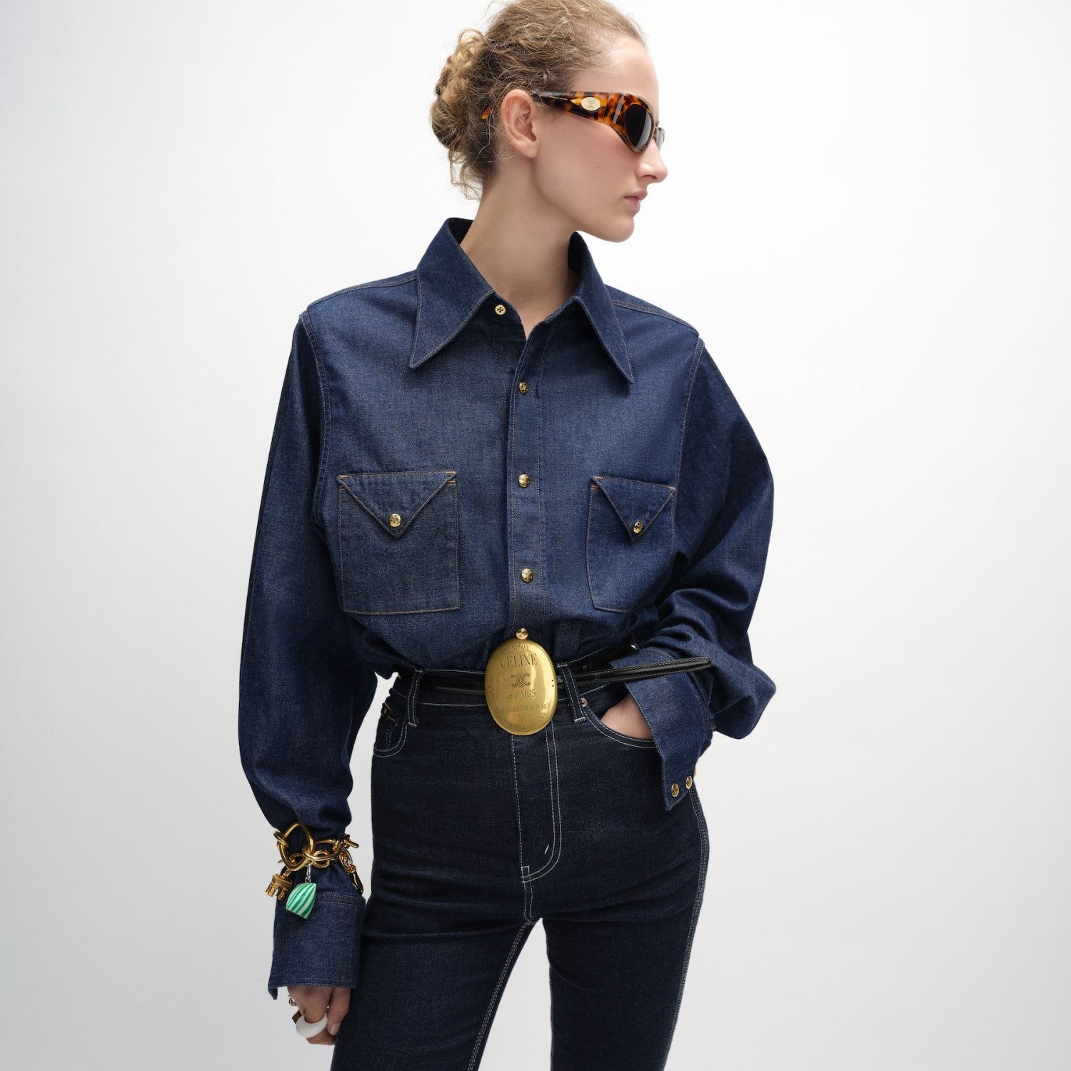 Women's Spring/summer Dark-wash Denim Shirt With Pocket Design Collar Long Sleeves Single-button Front - Fashionable And Elegant Shirt #194478