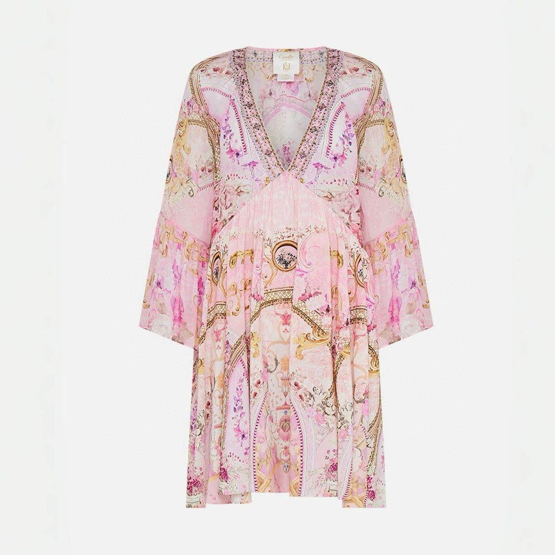 Camilla Women's Summer V-Neck Sexy Flared Sleeve Floral Printed Loose Silk Long Sleeve Dresses Ngvp #8823