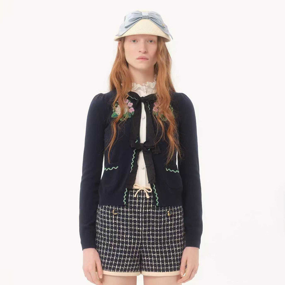 Women's Floral Beaded Embroidered Bow Wool Autumn And Winter Solid Color Round Neck Long Sleeve Sweater Cardigan Ngvp #2281