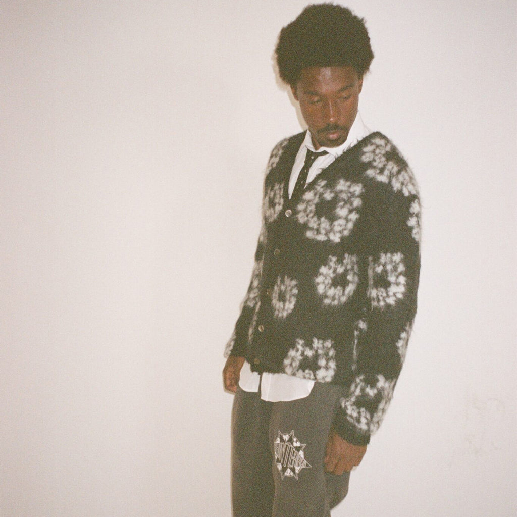 Denim Tears X Saint Michael Men's Vintage Black And White Kapok Wool Knit Sweater Fashion Casual Mohair Cardigan Single Breasted Knitted Jacket Ngvp #9824