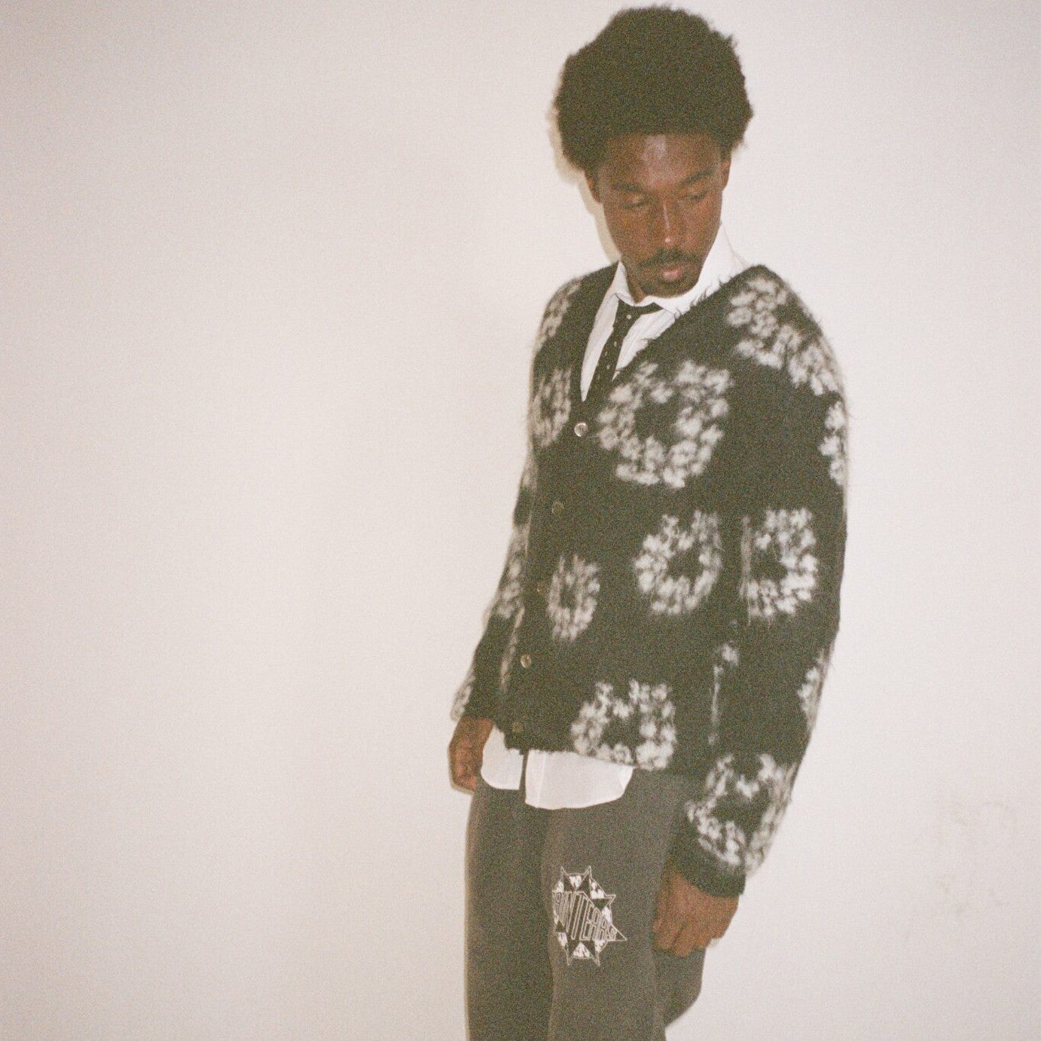 Denim Tears X Saint Michael Men's Vintage Black And White Kapok Wool Knit Sweater Fashion Casual Mohair Cardigan Single Breasted Knitted Jacket Ngvp #9824