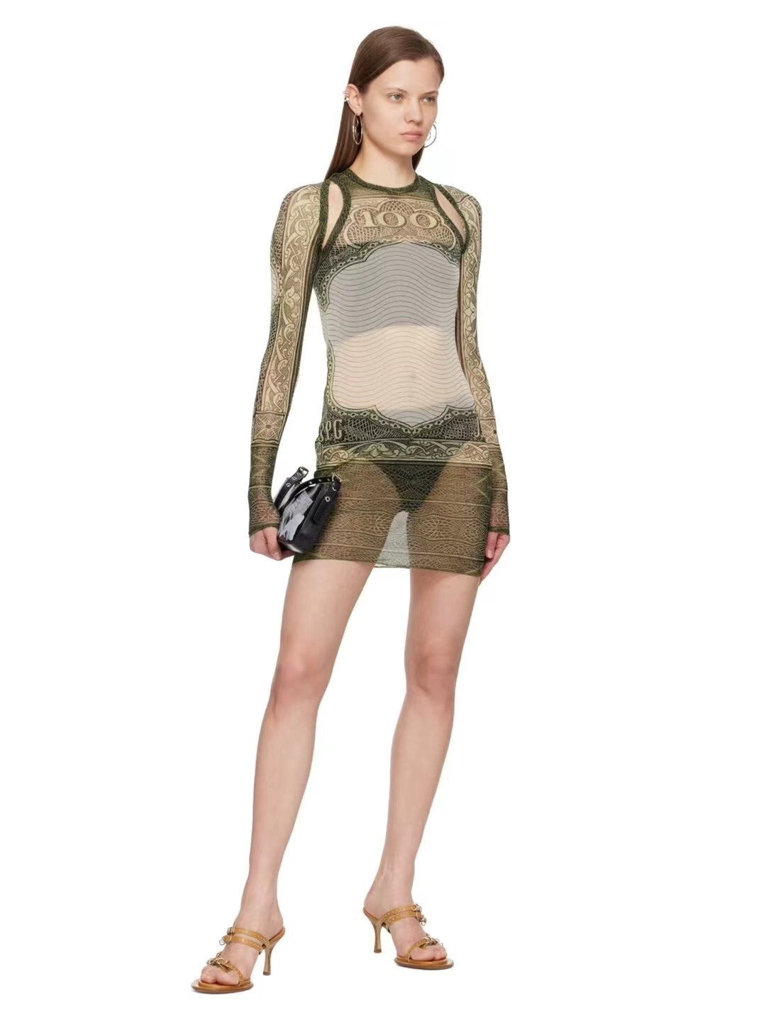 Jean Paul Gaultier Women's Summer Vintage Printed Smock Embroidered Mesh Pattern Round Neck Casual Sleeveless Dresses Ngvp #9374