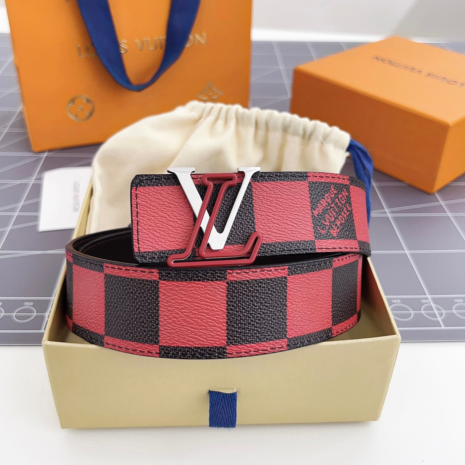 Men's Color Checkered Letter Logo Brown Leather Belt Width 4cm Accessory #72696