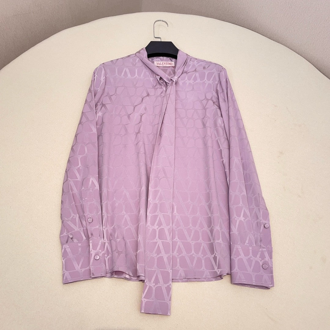 Women's Summer Dark Print Silk Fabric Tie Long Sleeve Shirt #72554