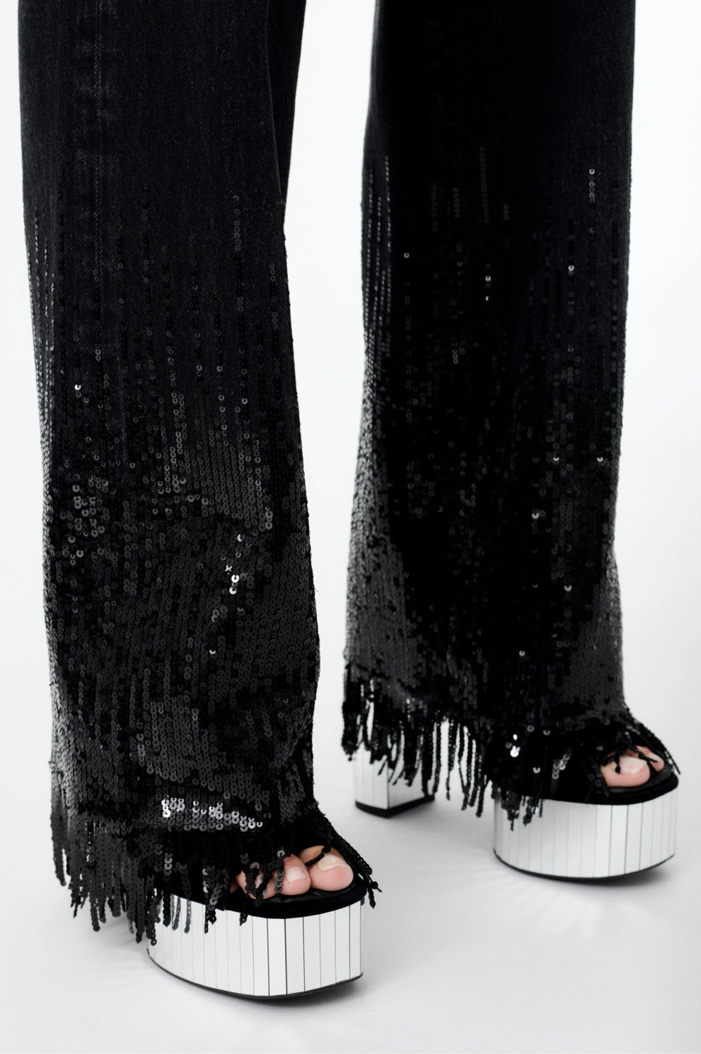 Women's Spring/summer Sequined Fringe Straight-leg Pants Black And White Denim Loose-fit Wide-leg  Long Pants Trousers Ngvp #2169
