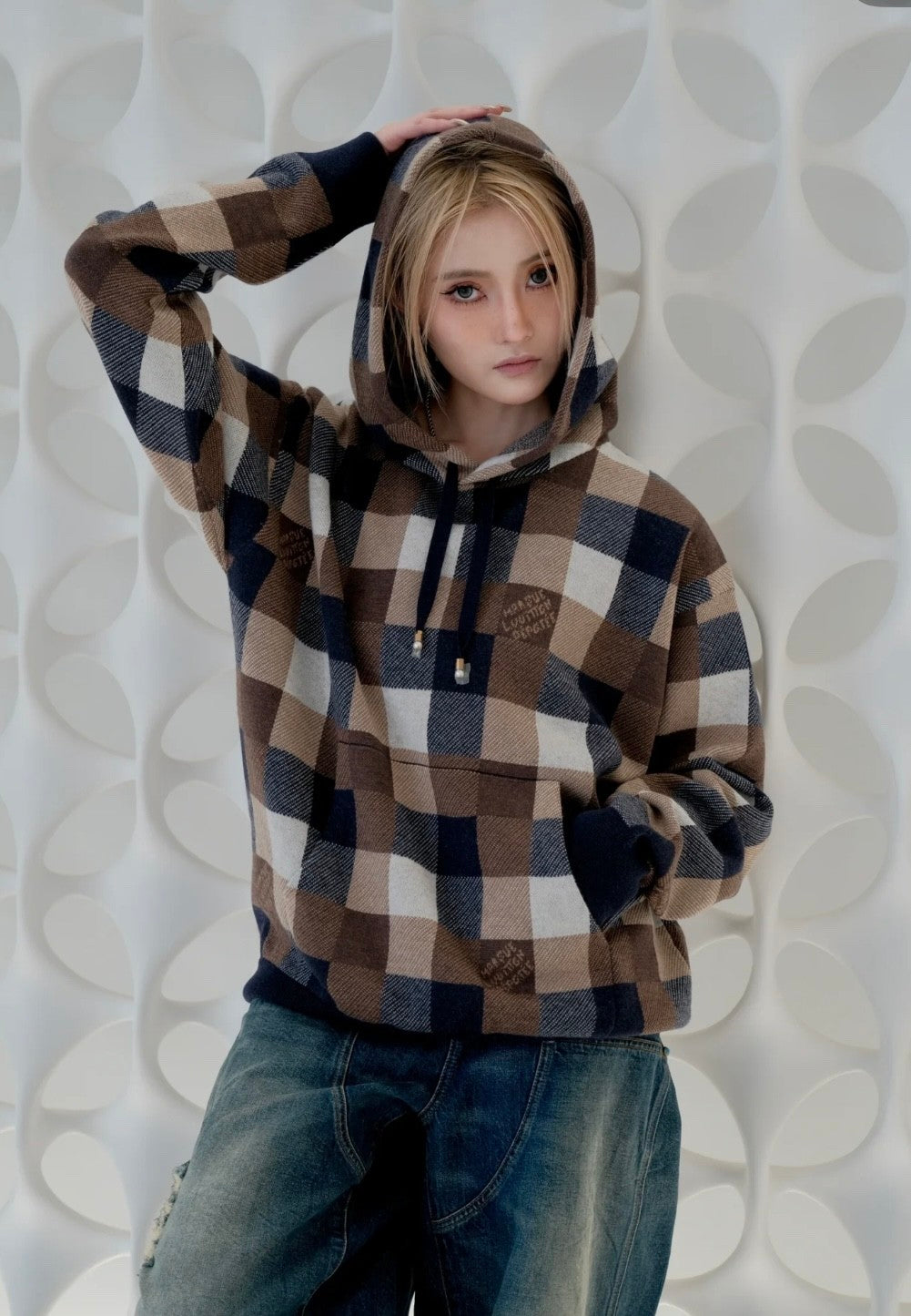 Men's Spring and Autumn Plaid Letter Logo Wool Hooded Long Sleeve Sweatshirt Pullover #72587