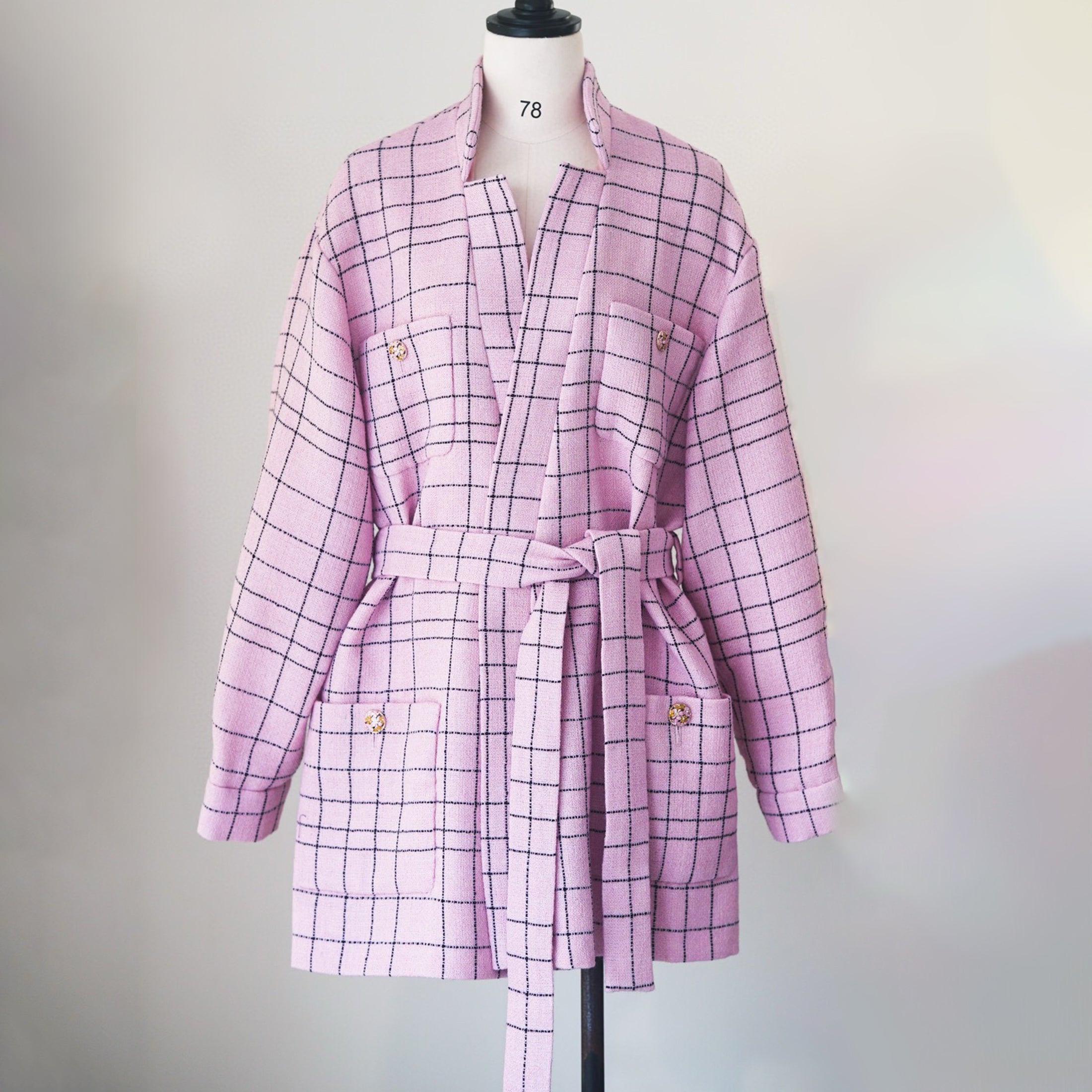 Women's Spring And Autumn Pink Plaid Flip Collar Single Breasted Thick Tweed Waist Wrapped Long Jacket Dress Ngvp #8527