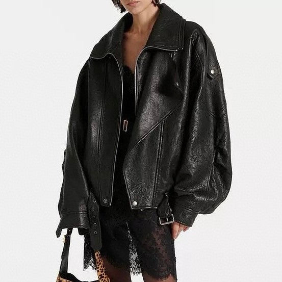 Women's Spring. Fall And Winter Black Adjustable Belt Lapel Zipper Lambskin Long Sleeve Fitted Bomber Jacket Ngvp #8859