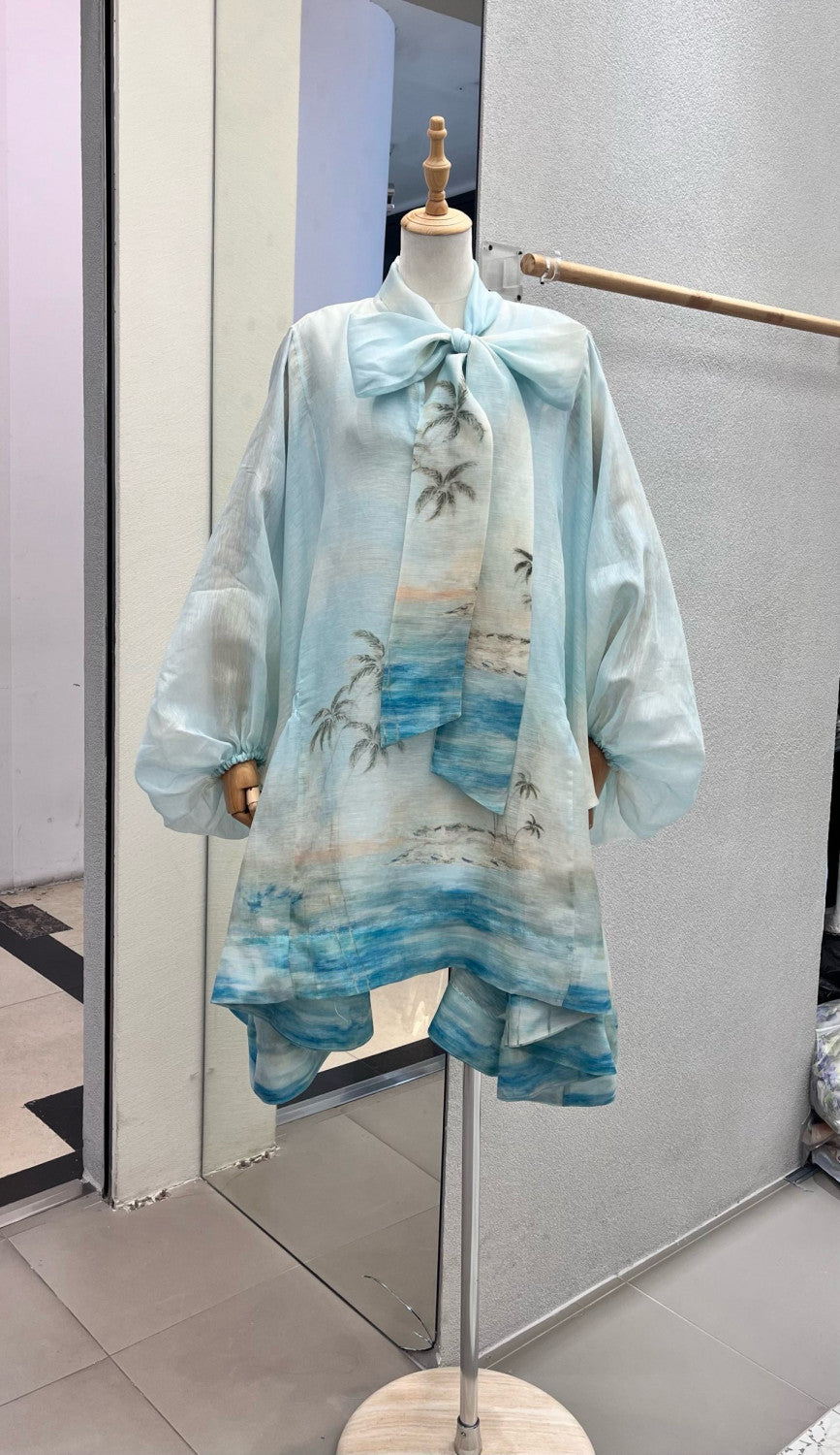 Women's Summer Blue Beach Pattern Printed Flutter Design Long Sleeve Dress #75612