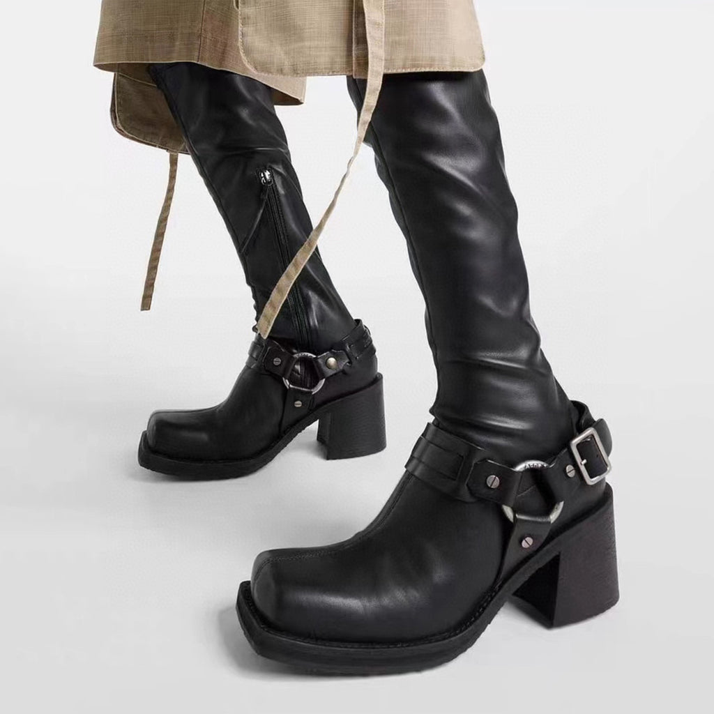 Acne Studios Women's Square Head Round Buckle Biker Boots Shoes Cowhide High Heel Elastic New Thick Heel Thick Bottom Knight Boots Long Tube Skinny Boots Ngvp #9856