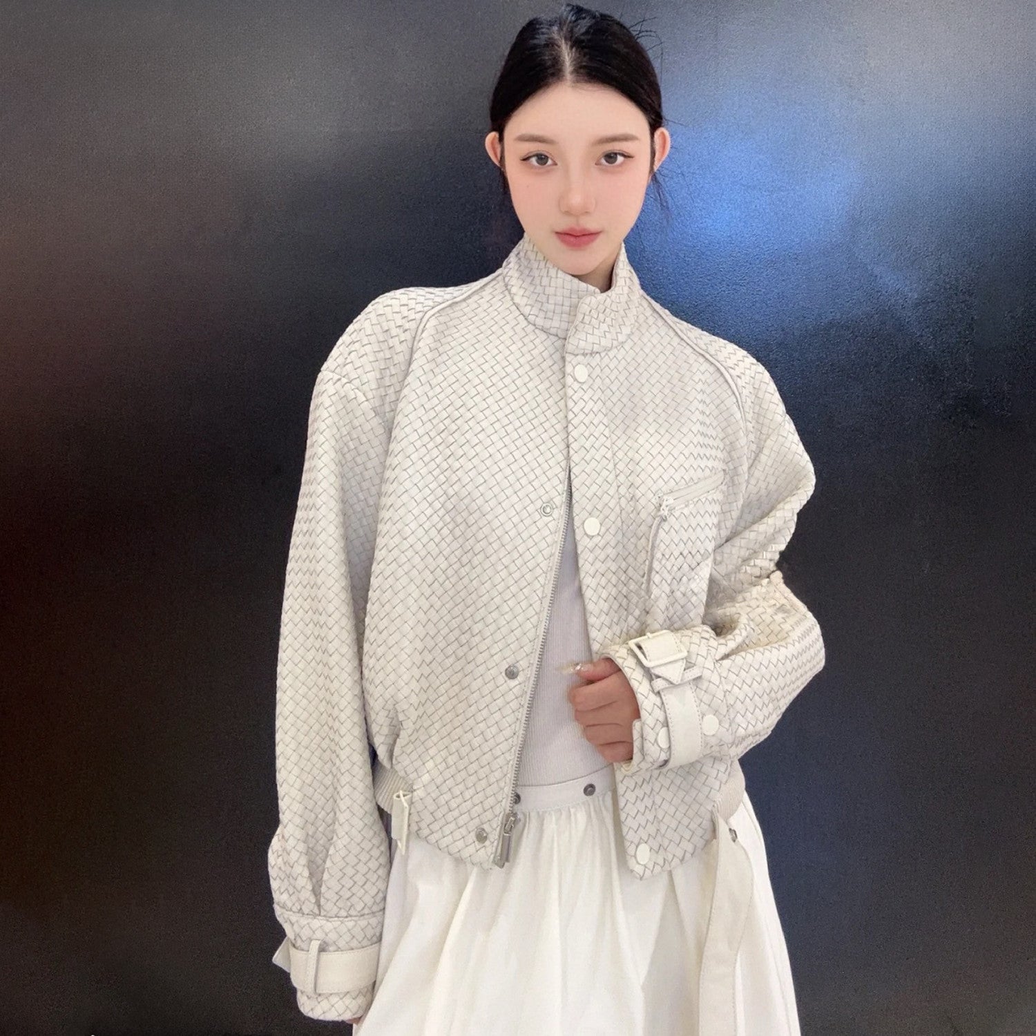 Women's Spring And Autumn Luxury Solid Color Standing Collar Leather Button Braided Sheepskin Biker Leather Coat Jacket Ngvp #8241