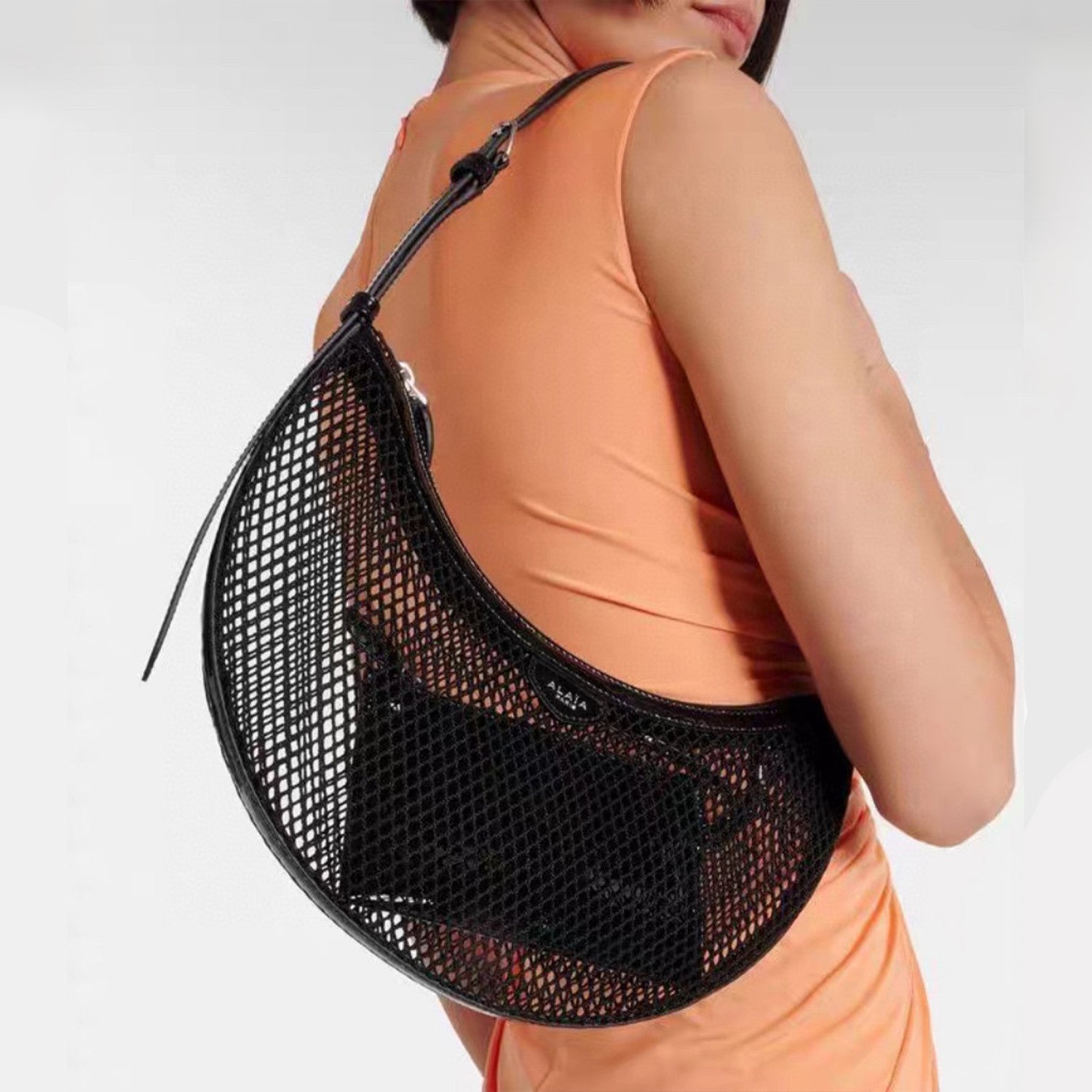 Alaia Women's Black Fishing Net Half Moon Bag Simple Elegant Zipper Underarm Bag Hollow Handbag Removable Patent Leather Inner Bag Shoulder Bags AA1S02731CA266999 Ngvp #9227