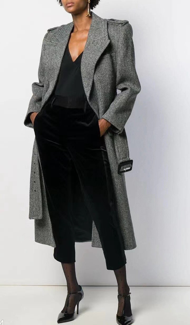 Women's Autumn And Winter Grey Lapel Drawstring Wool Long Long Sleeved Coat Jacket #99153