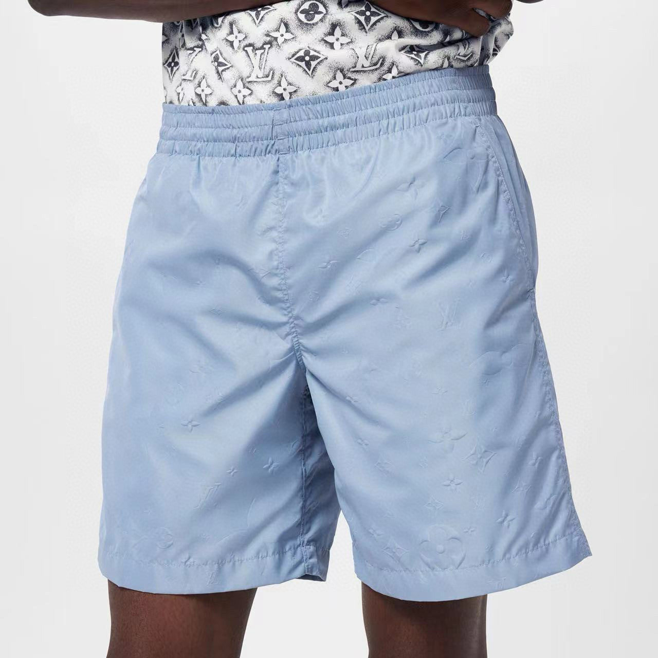 Men's Summer Solid Color Logo Full Print Drawstring Elastic Waist Casual Shorts Pants #98982