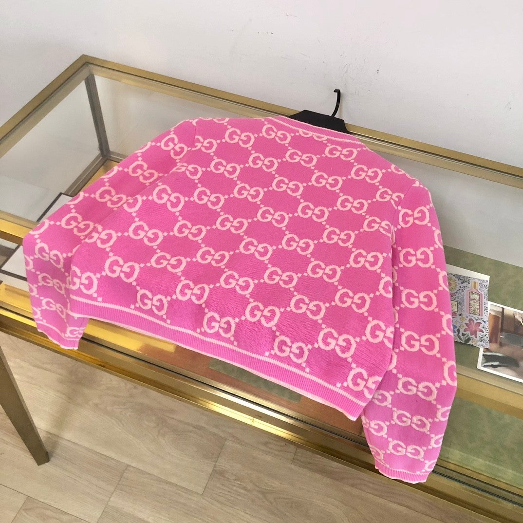 Women's Spring and Autumn Pink Logo Pattern Round Collar Single Breasted Long Sleeve Knit Jacket Cardigan #72334