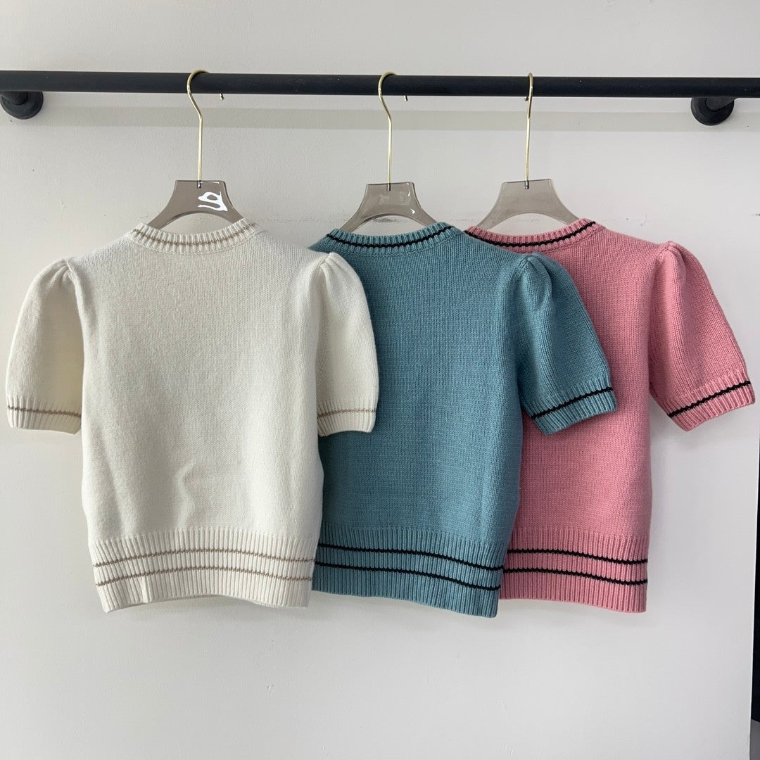 Women's Wool Blend Knit Short Sleeve Top Round Neck Fashion Temperament Short T-Shirt Knitwear #81137