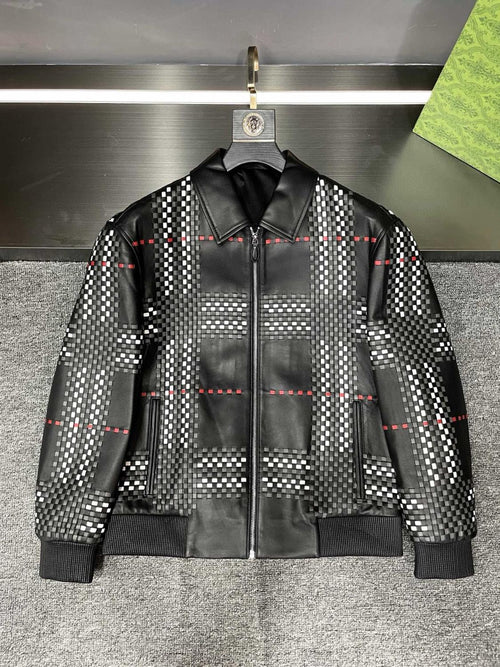 2025 New Arrival Men's Classic British Check Lambskin Leather Jacket #83126A