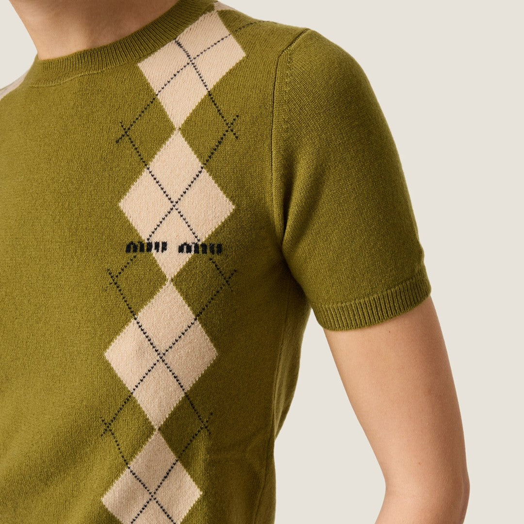 Women's Summer Colorblocking Diamond Appliqu Knit Round Neck Slim Short Sleeve Cashmere T-shirt #73852